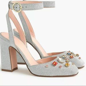 J. Crew Silver Sparkle & Jewel Gemstone Chunky High Heels Size 6.5 Made in Italy